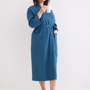 Linen Robe, Linen Bath Robe, Soft Linen Lounge Wear, Linen Kimono Robe 8. Denim Blue