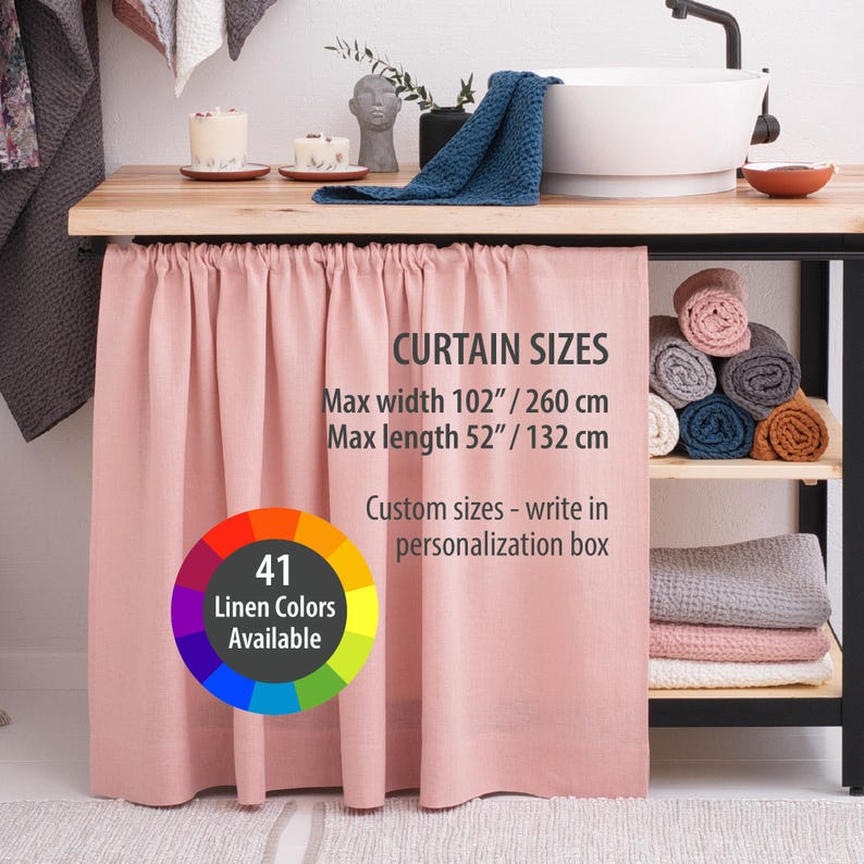 Peach Pink Cafe Curtains Road Pocket showing available maximum sizes and color options, perfect for customizing linen curtains for kitchens, bathrooms, or cabinets