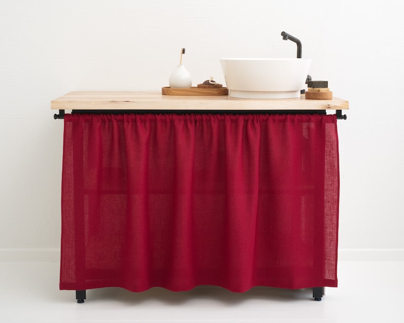 OEKO-TEX certified stonewashed natural linen curtain in vibrant red, custom-sized for kitchen or bathroom use, enhancing eco-friendly decor.