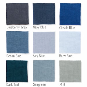 Selection of fabric swatches in various shades of blue and green with labeled color names: Blueberry Gray, Navy Blue, Classic Blue, Denim Blue, Airy Blue, Baby Blue, Dark Teal, Seagreen, and Mint, displayed against a white background.