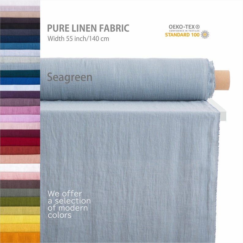 Organic linen fabric roll in seagreen, soft texture, displayed with a range of color options, certified quality, ideal for various crafts and garments.