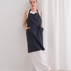 Washed linen apron, Natural line apron, soft gardening apron with pocket, for barbers or bakers, womens cooking craft apron 6. Blueberry Gray