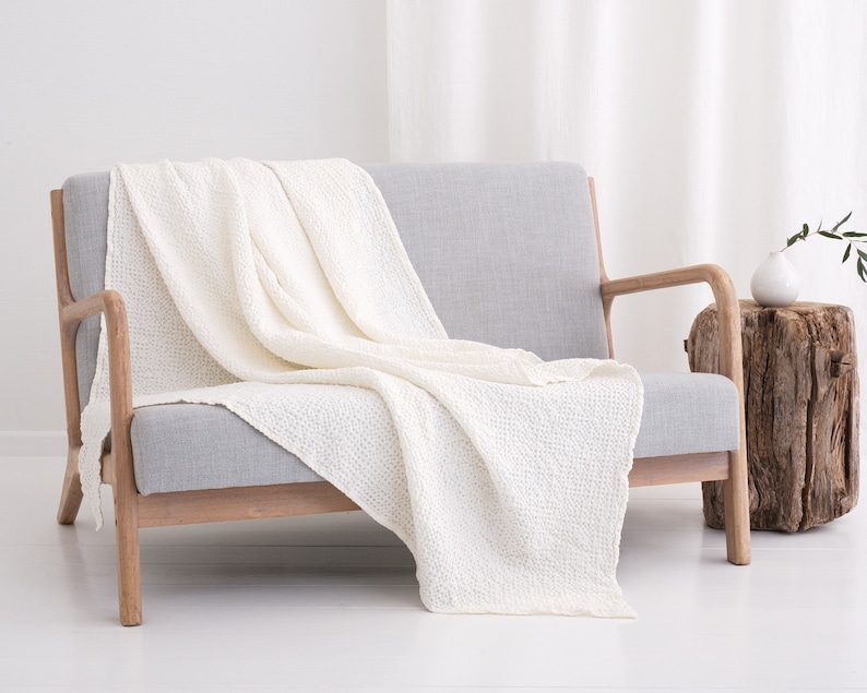 Linen blankets and throws, Stone washed soft inen blend bedspread coverlet, Linen sofa cover slipcover White