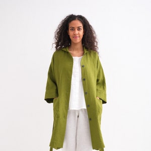 Washed Linen Jacket, Loose 3/4 Sleeve Hooded Coat with Pockets, Women washed linen duster.  09/03
