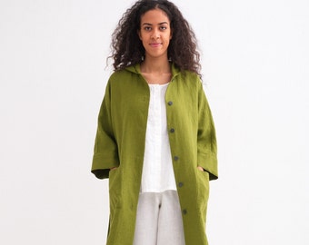 Washed Linen Jacket, Loose 3/4 Sleeve Hooded Coat with Pockets, Women washed linen duster.  09/03