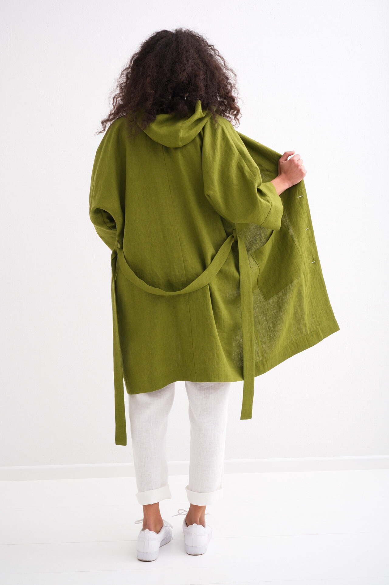 Buy Washed Linen Jacket, Loose 3/4 Sleeve Hooded Coat With Pockets