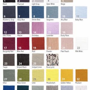 May include: A chart of 38 different fabric swatches, each with a number and a name. The swatches are arranged in rows and columns, and they include a variety of colors and textures.