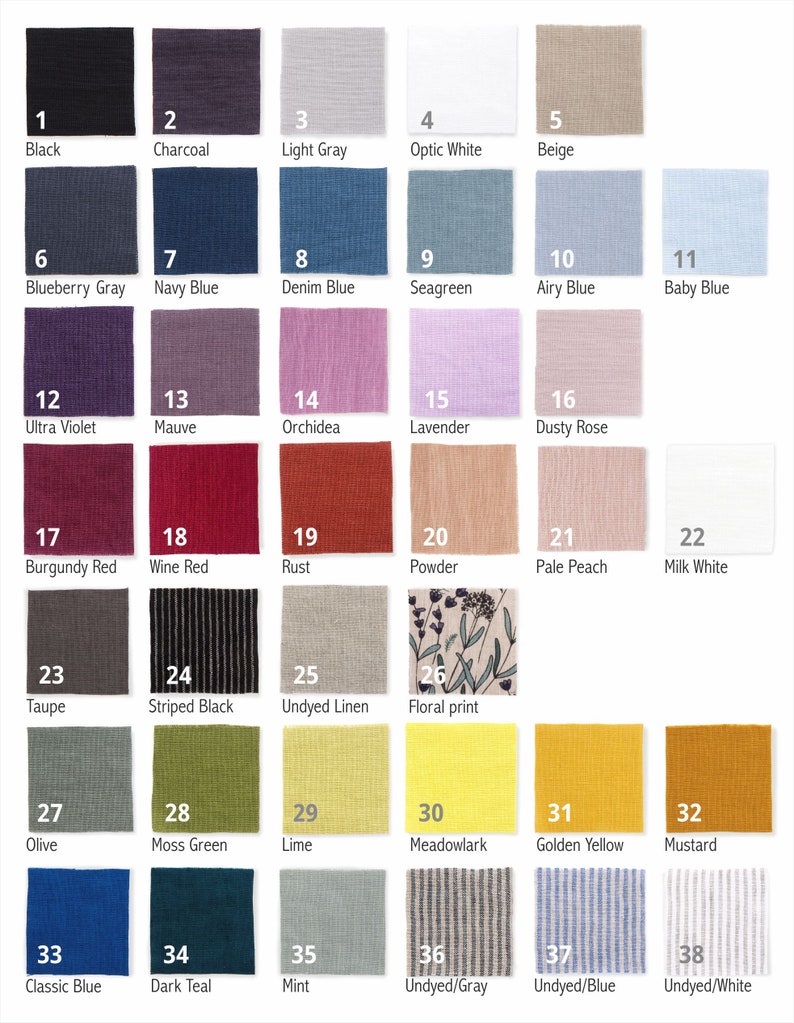 May include: A chart of 38 different fabric swatches, each with a number and a name. The swatches are arranged in rows and columns, and they include a variety of colors and textures.