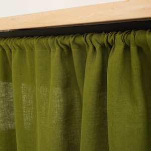 OEKO-TEX certified natural linen curtain in moss green, custom-sized for a kitchen cupboard or bathroom shelf, with an eco-friendly and stonewashed finish.