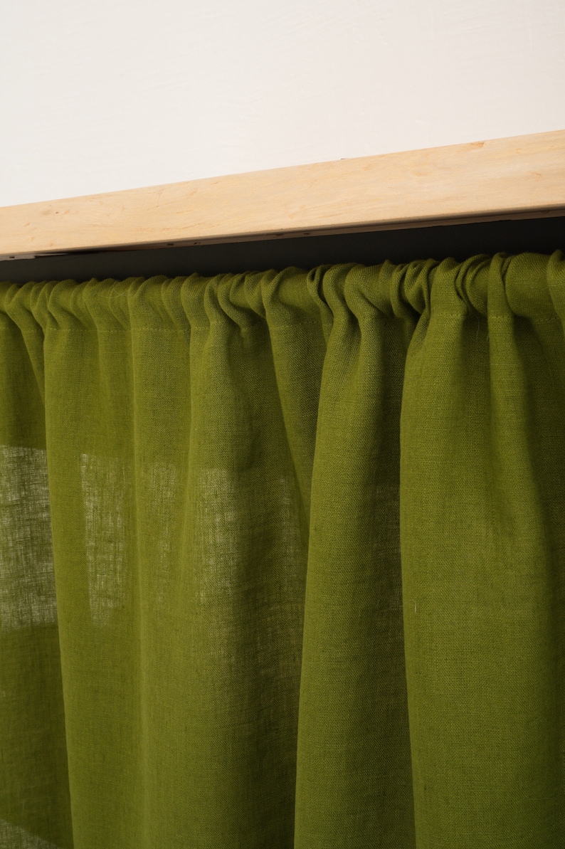 OEKO-TEX certified natural linen curtain in moss green, custom-sized for a kitchen cupboard or bathroom shelf, with an eco-friendly and stonewashed finish.