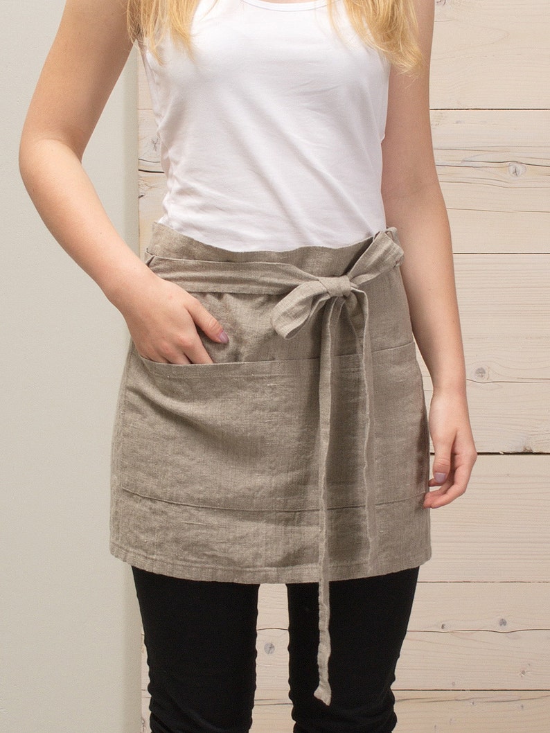 Linen Short Apron, Linen Cafe Apron, Linen Half Apron, Linen Pinafore Apron 24. Undyed Linen