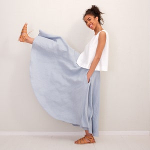 Linen skirt, A line linen skirt with pockets. Feminine and elegant cirkle skirt with asymmetrical length. 10. Airy Blue