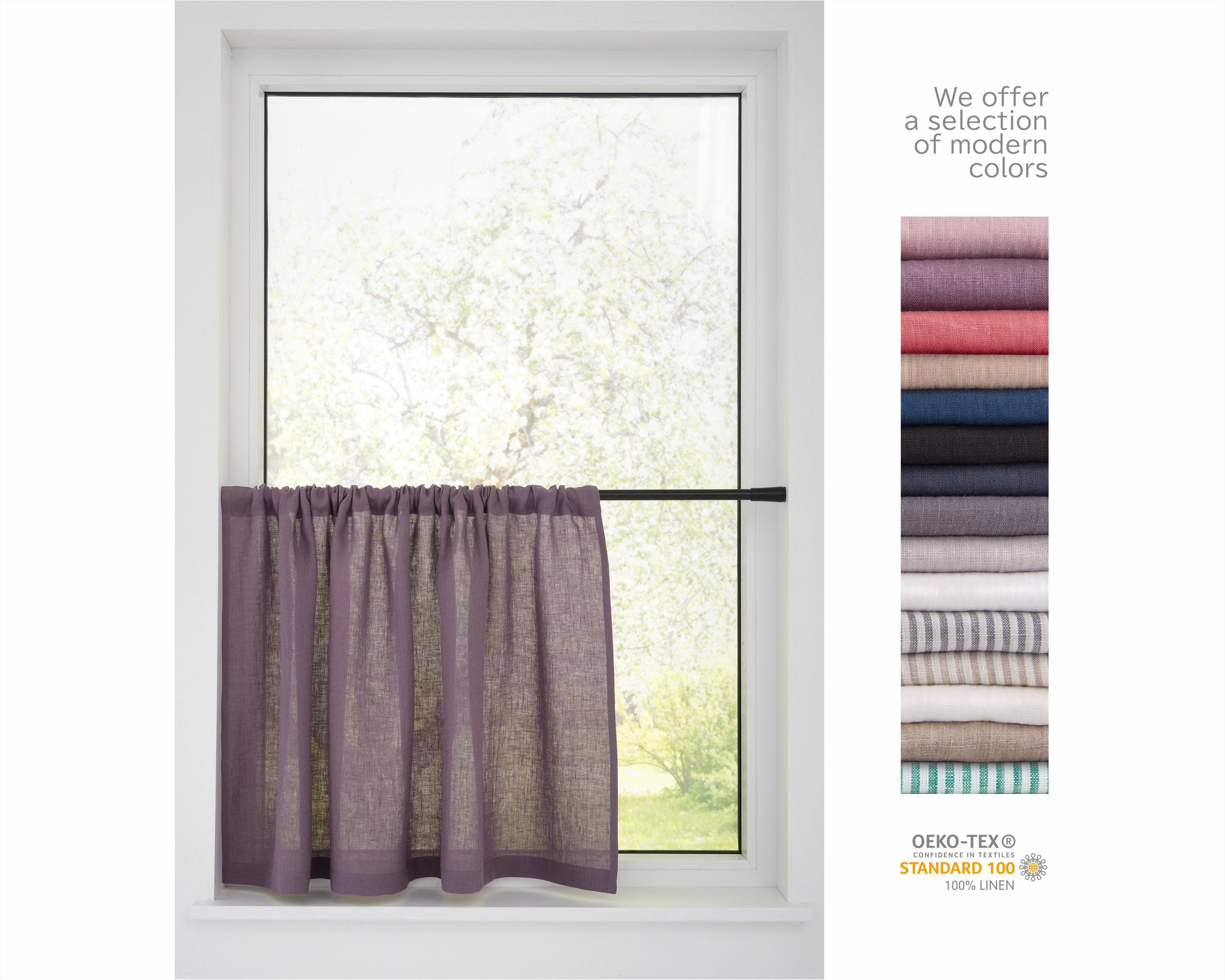 Linen short rod pocket curtains, semi sheer cafe panel, bathroom drapery, sink skirt, Light Filtering privacy curtains. R0817