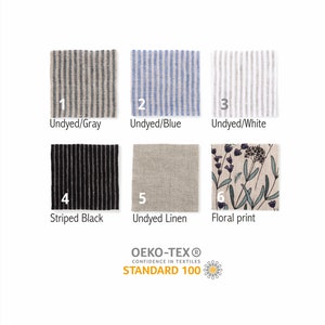 Fabric swatches in five options: 1. Undyed/Gray, 2. Undyed/Blue, 3. Undyed/White, 4. Striped Black, and 5. Undyed Linen, certified by OEKO-TEX STANDARD 100.