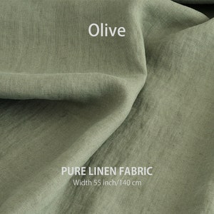 Olive green pure linen fabric texture, ideal for creating cafe curtains, farmhouse drapes, and bookshelf valances.