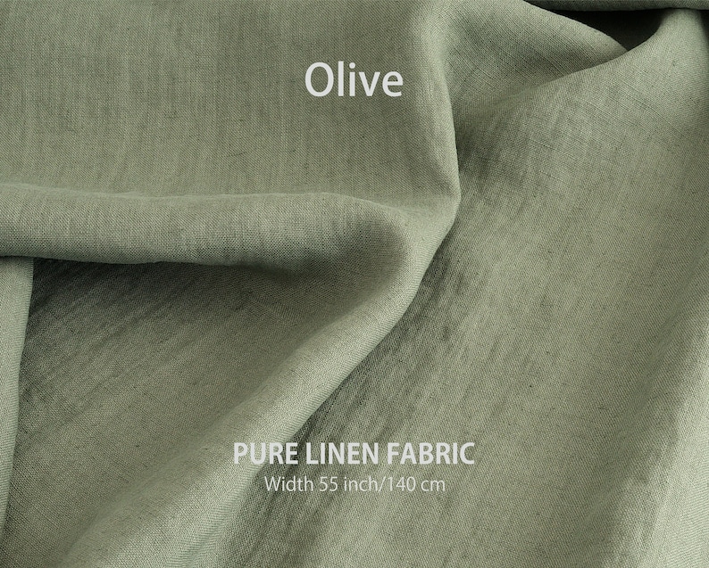 Olive green pure linen fabric texture, ideal for creating cafe curtains, farmhouse drapes, and bookshelf valances.