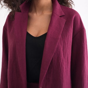 Close-up of a Women's Summer Linen Jacket with Pockets, Casual Loose Natural Blazer, in rich burgundy, highlighting the fabric texture and lapel design.