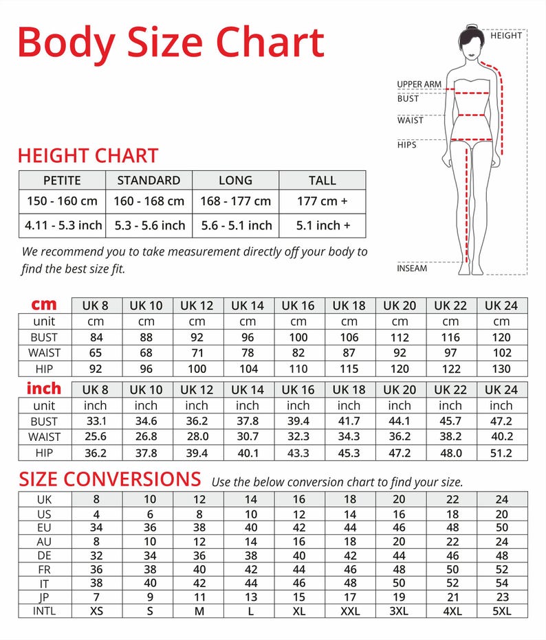 Op de afbeelding: Een maattabel voor kleding met maten in inches en centimeters. De tabel bevat maten voor petite, standaard, lange en lange lichaamsvormen. Het bevat ook een conversietabel voor verschillende maatvoeringssystemen, zoals UK, US, EU, AU, DE, FR, IT, JP en INTL.