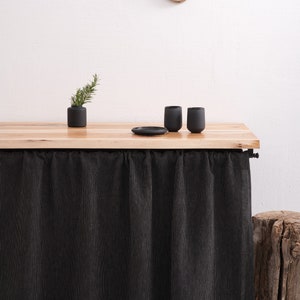 Natural linen curtain in charcoal, OEKO-TEX certified, with a custom size for kitchen cupboard or bathroom shelf, styled in eco-friendly stonewashed decor.