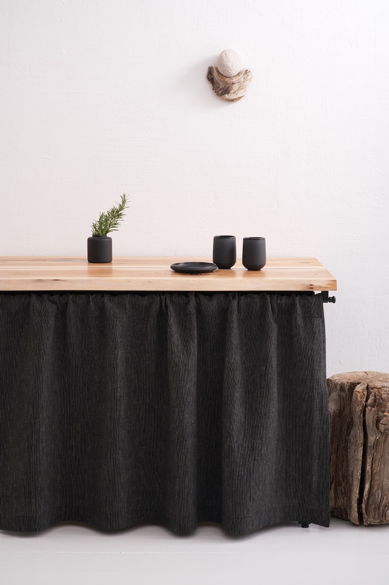 Natural linen curtain in charcoal, OEKO-TEX certified, with a custom size for kitchen cupboard or bathroom shelf, styled in eco-friendly stonewashed decor.