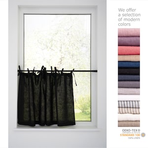 Linen Curtains with Tie Top - Light Filtering Café Drapery, Short Window Country Style, Natural Striped Kitchen Curtains 08/03