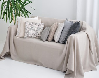 Natural undyed linen couch slipcover, choose width and length, pet sofa protector and large bedcover 50XCP