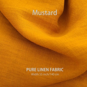 Rich mustard yellow pure linen fabric, perfect for cafe bathroom curtains, kitchen cupboard drapes, and privacy valances.