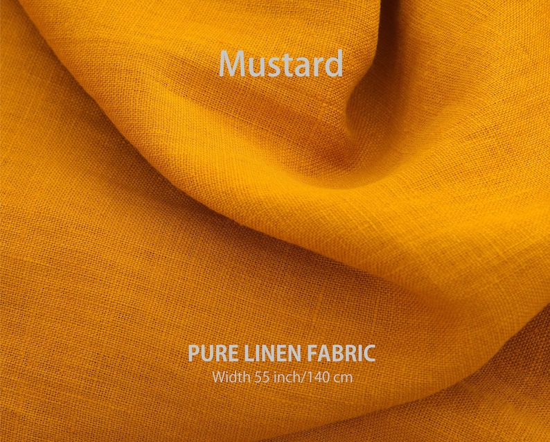 Rich mustard yellow pure linen fabric, perfect for cafe bathroom curtains, kitchen cupboard drapes, and privacy valances.