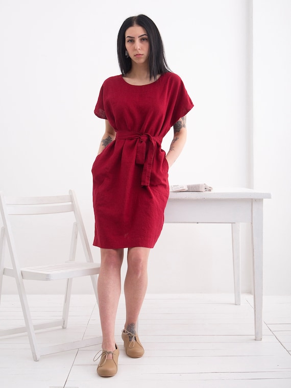 Linen Dress. Loose Silhouette Women Linen Dress with pockets and tying belt. Linen Summer Tunic