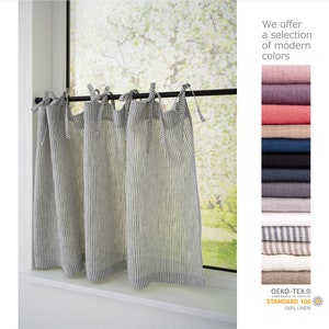 Striped linen cafe curtains in country style hang on a rod, filtering light in a kitchen, with a color swatch selection.