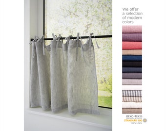 Cortinas de lino de cafetería con filtro de luz, cortinas cortas de estilo rústico con cordones, cortinas de cocina de rayas naturales. 06/03