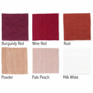 Six fabric swatches in warm tones, labeled Burgundy Red, Wine Red, Rust, Powder, Pale Peach, and Milk White, showcased on a neutral background.