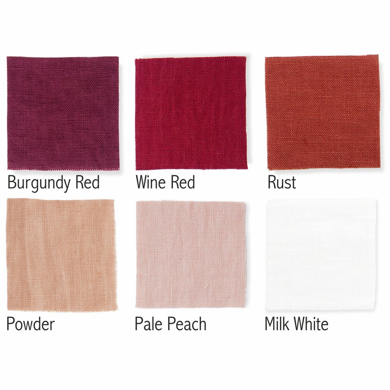 Six fabric swatches in warm tones, labeled Burgundy Red, Wine Red, Rust, Powder, Pale Peach, and Milk White, showcased on a neutral background.