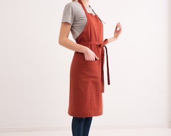Natural linen apron, soft gardening apron with pocket, for barbers or bakers, womens cooking craft, full adjustable apron for workshop