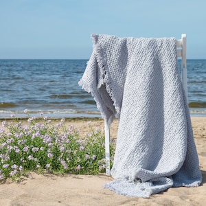 Fringed linen blankets and throws, Soft stone washed linen bedspread, Linen and cotton blend gray throw