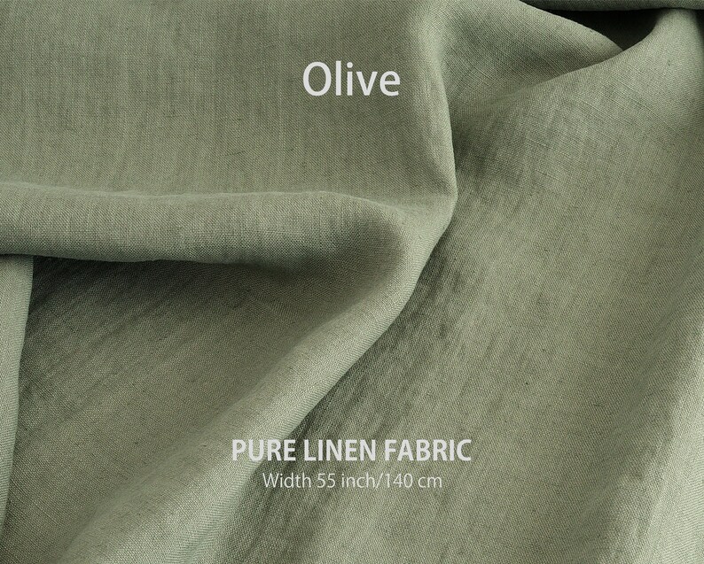 "Premium European Linen in natural olive green, OEKO-TEX certified pure flax fabric, ideal for sustainable sewing projects by the yard, measuring 55 inches wide."