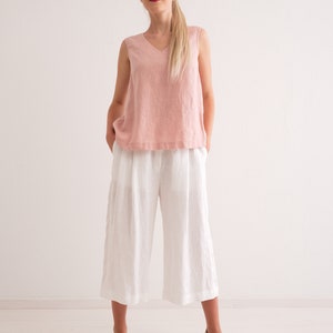 Washed linen culottes, womens wide leg trousers, elastic waist linen skirt pants. image 5