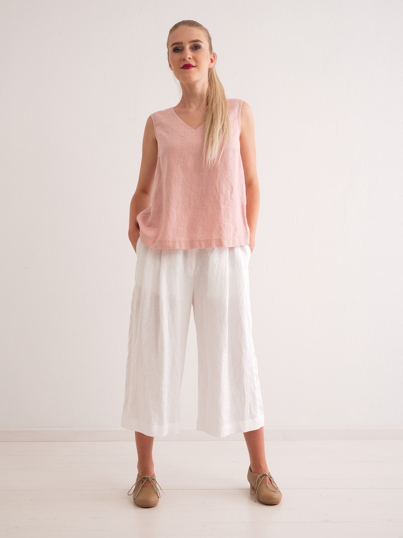 Washed linen culottes, womens wide leg trousers, elastic waist linen skirt pants. image 5