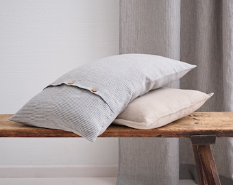 Funda de almohada de lino. Funda de almohada de lino lavado con botones. Elegante almohada de lino de tamaño personalizado para sala de estar.