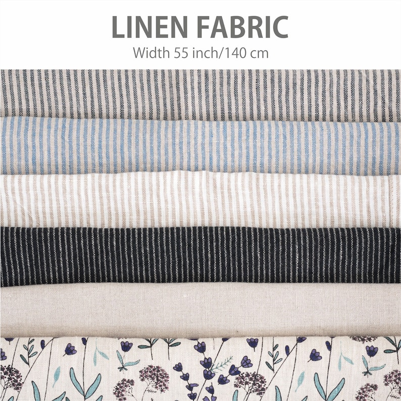"Stacked assortment of linen fabrics by the yard, showing a variety of patterns including wide striped and natural offwhite undyed colors, as well as floral prints, exemplifying premium European quality best flax textiles for sale."