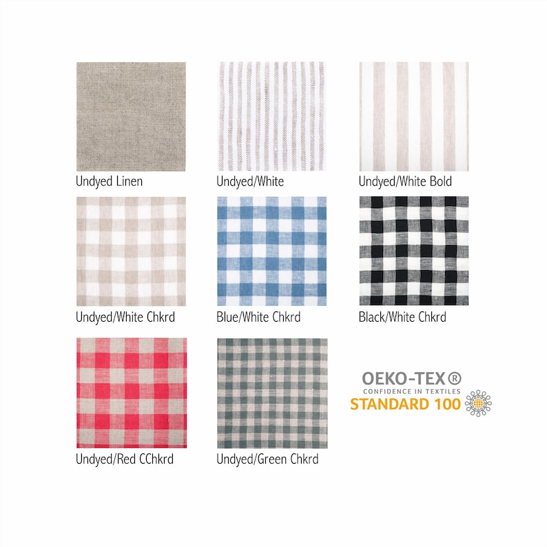Fabric color swatches with numbers showing natural tones and striped natural/white fabrics, as well as blue and red checkered fabrics, for choosing curtain colors for kitchens, bathrooms, and cabinets
