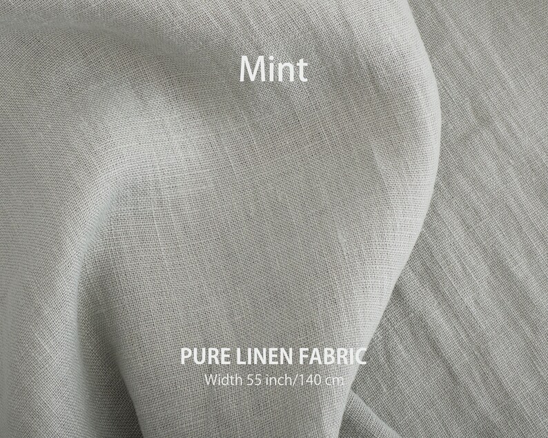 Mint natural linen fabric by the yard, showcasing premium European quality and natural colors of the best flax textiles available at a specialized linen fabric store.