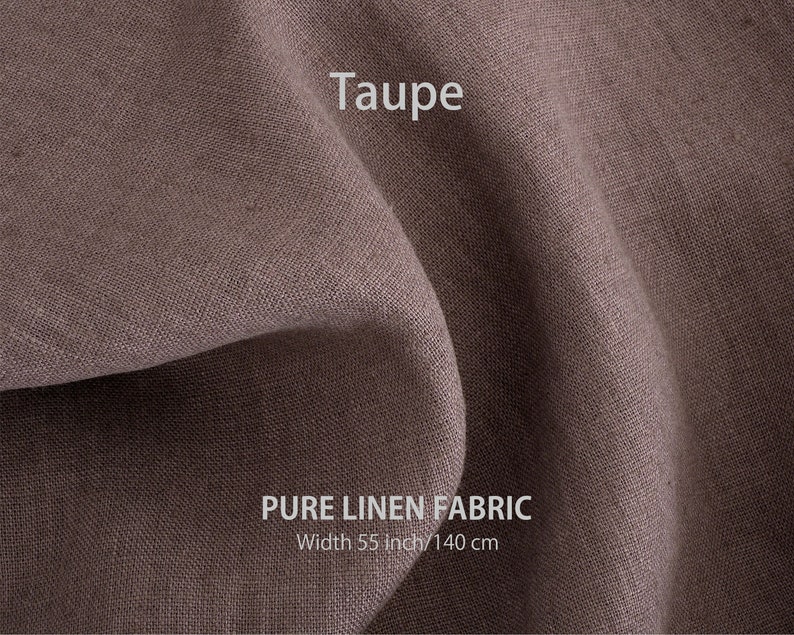 Textured taupe pure linen fabric displayed, suitable for cafe curtains, farmhouse drapes, and bookshelf valances.