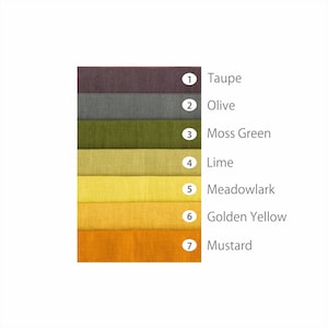 A selection of linen fabric swatches in earthy and yellow tones, each labeled with color names from taupe to mustard.