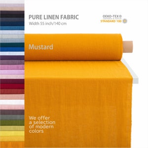 "Premium European quality pure linen fabric in mustard, available by the yard, displayed in a selection of natural colors. OEKO-TEX® Standard 100 certified, highlighting the best flax textiles for sale from a washed linen fabric store."