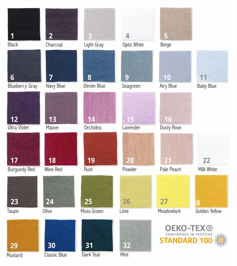 Peut inclure: Un nuancier de 32 &eacute;chantillons de tissu, chacun &eacute;tiquet&eacute; avec un num&eacute;ro et un nom de couleur. Les &eacute;chantillons sont dispos&eacute;s en lignes et en colonnes. Les couleurs comprennent le noir, le charbon de bois, le gris clair, le blanc optique, le beige, le gris bleuet, le bleu marine, le bleu denim, le vert de mer, le bleu ciel, le bleu b&eacute;b&eacute;, le violet ultra, le mauve, l'orchid&eacute;e, la lavande, le rose poudr&eacute;, le rouge bordeaux, le rouge vin, la rouille, la poudre, la p&ecirc;che p&acirc;le, le blanc lait, le taupe, l'olive, le vert mousse, le vert citron, le jaune canari, le jaune dor&eacute;, le moutarde, le bleu classique, le bleu marine fonc&eacute;, et la menthe.