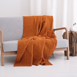Linen blankets and throws, Stone washed soft inen blend bedspread coverlet, Linen sofa cover slipcover Rust