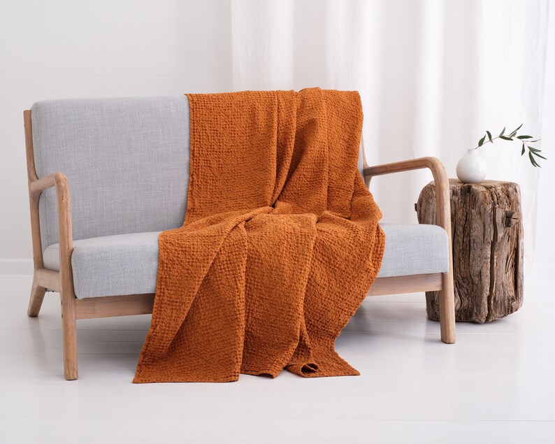 Linen blankets and throws, Stone washed soft inen blend bedspread coverlet, Linen sofa cover slipcover Rust