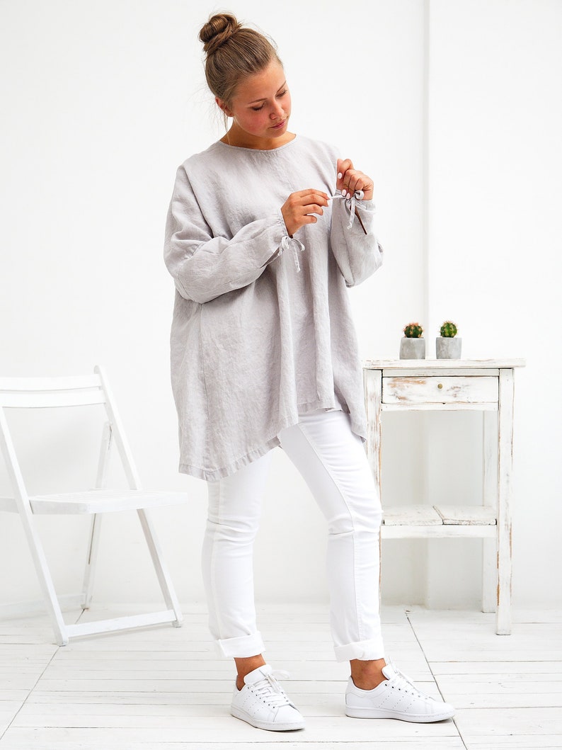 Linen Top, Linen Shirt Women. Oversized Linen Tunic Top. 11. Light Gray