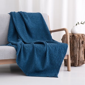 Linen blankets and throws, Stone washed soft inen blend bedspread coverlet, Linen sofa cover slipcover Blue